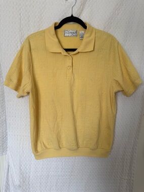 Vintage Sarah Bentley Yellow Textured Polo Top Embossed Floral Size L
